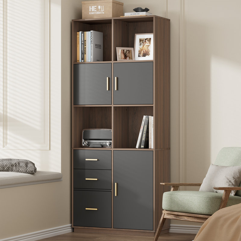 74.6"H Modern Bookcase With Adjustable Shelves, Drawers & Doors – 5-Tier Wooden Floor Standing Display Cabinet For Living Room, Home Office