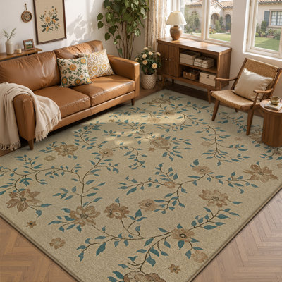 Tapis intérieur/extérieur en jute lavable à motif floral neutre 180 x 270 cm
