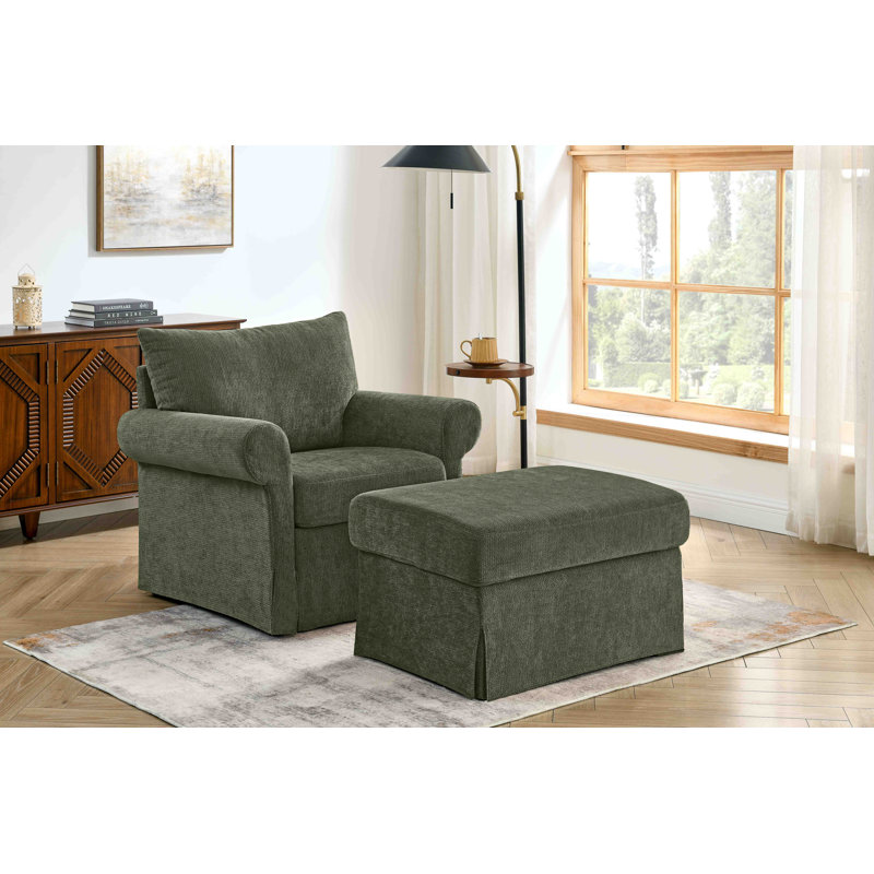 Amos 35.8" Chenille Upholstered Armchair with Storage Ottoman – Cozy 2-Piece Living Room Set, Green