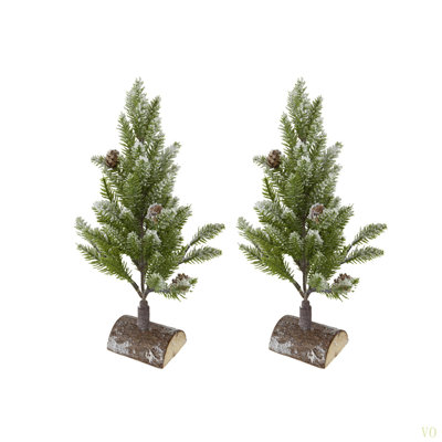 Set Of 2, 13.5" Christmas PVC Tree On Wood Base With Snow