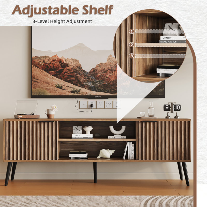  60 Inch Tv Stand For Tvs Up To 65", Mid-Century Modern Tv Stand With 2 Storage Cabinets And Open Shelf For Living Room