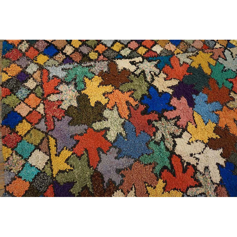 Artistic Colorful Jewel Tone Leaf Pattern Antique American Hooked Rug