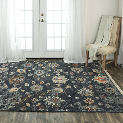 Tapis floral gris anthracite en laine noué à la main