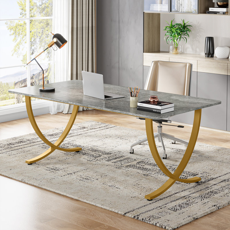 Metal Base Writing Desk, Grey, Gold