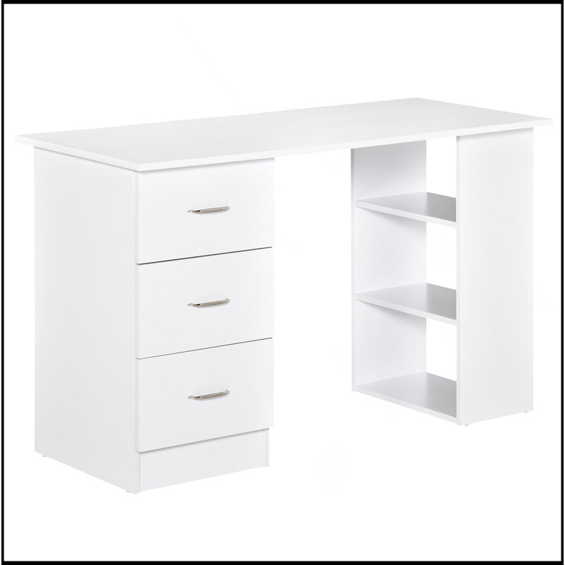 47" Modern Home Office Computer Desk Bookcase Combo Writing Table Workstation With 3 Drawer And Storage Shelf - White