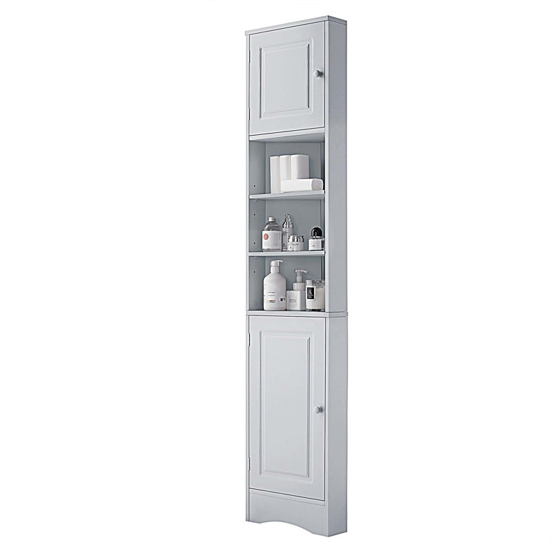 Multi-Functional Corner Cabinet Tall Bathroom Storage Cabinet with Two Doors and Adjustable Shelves, Open Shelf, Gray