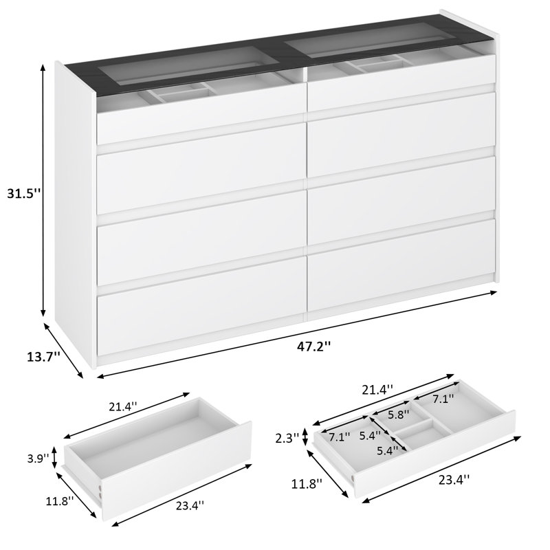 Commode double 8 tiroirs l 47,2 po, Blanc