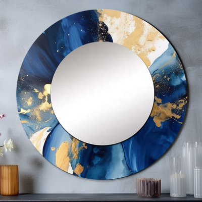 Miroir décoratif bleu foncé et doré à motif de fractales, motif de grandes rondes, impression sur métal