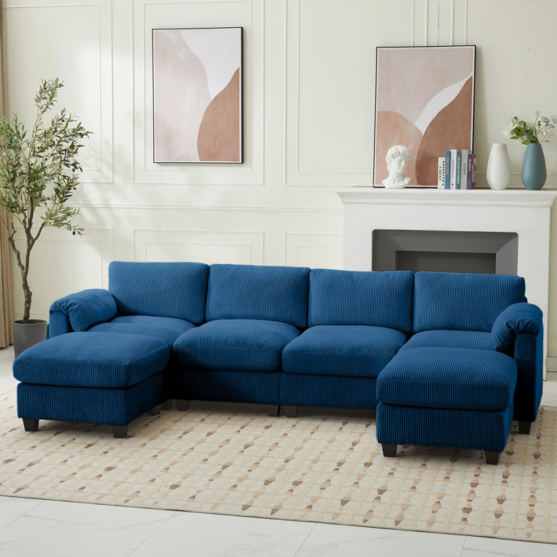 6-Piece Upholstered Corduroy U-Shape Sectional with Ottoman, Navy Corduroy