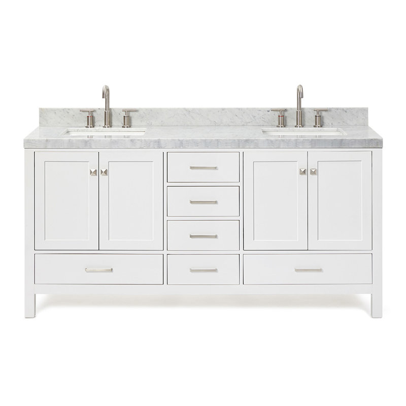 Cambridge Double Bathroom Vanity with Carrara Marble Top, White, Rectangle, 72" W