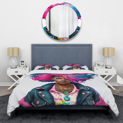 Pink And Blue African American Woman IV - Woman Portrait Duvet Cover Set - Microfiber Polyester