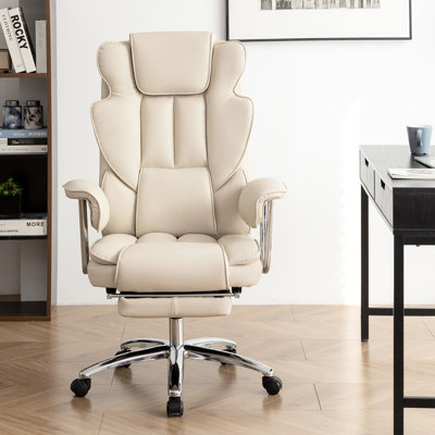 Fauteuil de bureau inclinable beige ergonomique avec repose-pieds, cuir pour les grands et grands travailleurs, capacité de 500 lb, repose-pieds - équipement intérieur