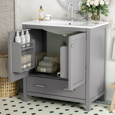 Meuble-lavabo bleu 30 po avec lavabo simple, meuble-lavabo sous-comptoir, armoire de rangement avec 2 portes et un tiroir, fermeture en douceur, rangement multifonctionnel, structure en bois massif
