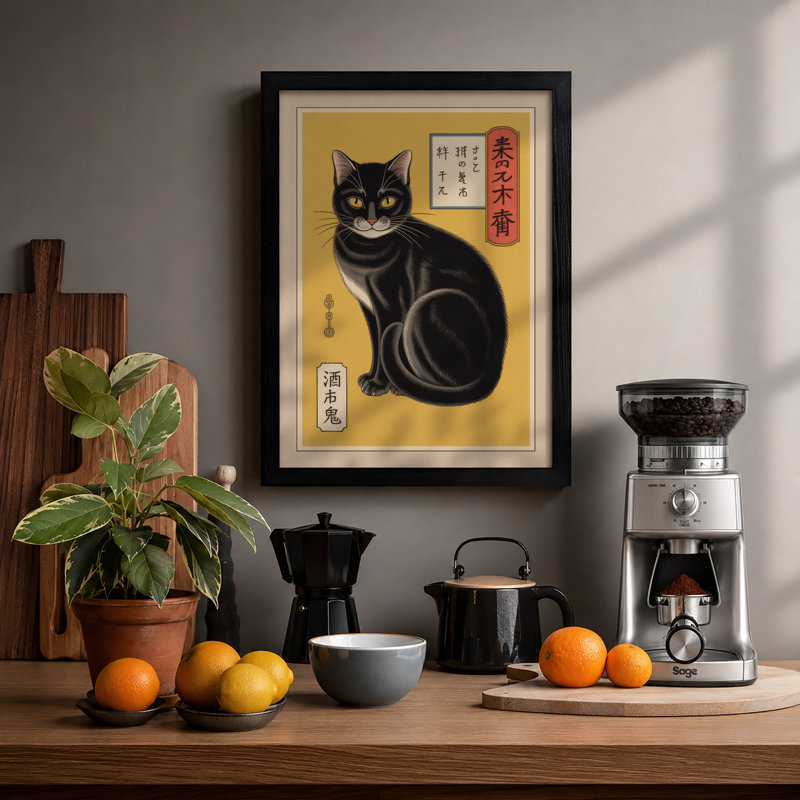 Japanese Cat Study Japandi - Framed Print, A4 - 29.7 x 21.0 cm, Black