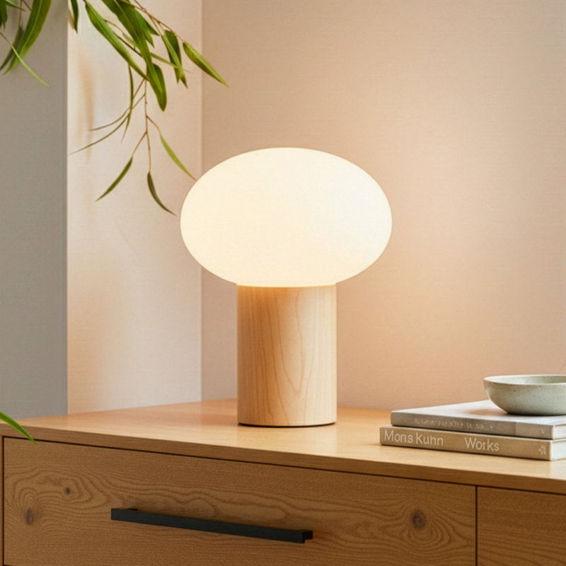 Ivy Wood 9.5" Modern LED Table Lamp with Oval Frosted Glass Shade and Phone Charging USB-C Port, Beige, Wood