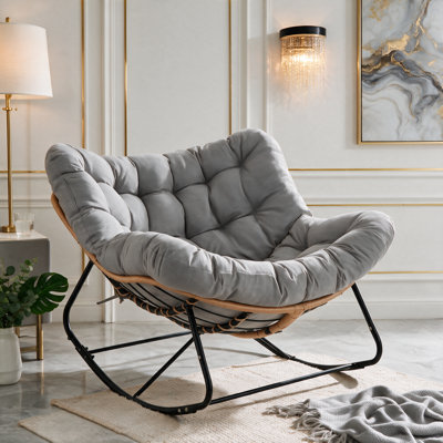 Indoor & Outdoor Papasan Rocking Chair, Oversized Padded Lounge Rocker With Cushion, Comfy Wicker Egg Lounge Chair, Large Indoor Rocking Recliner For Living Room/Porch/Garden(ottoman not included) (Gray)