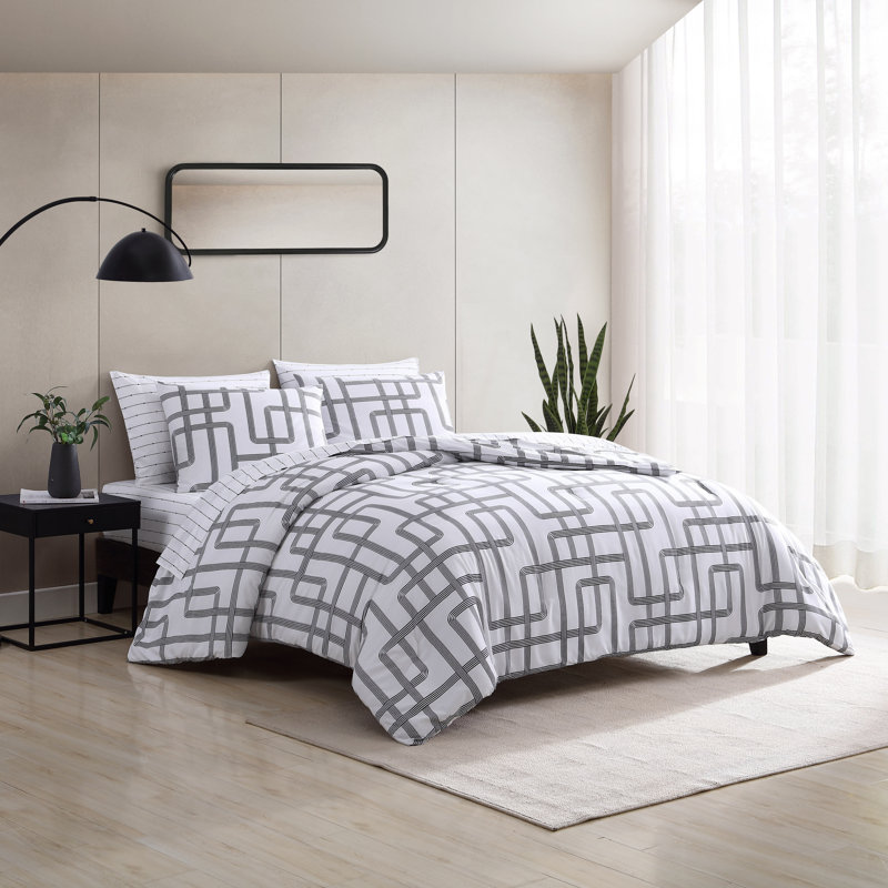 Mainline White and Black Microfiber Reversible Queen Duvet Cover Set