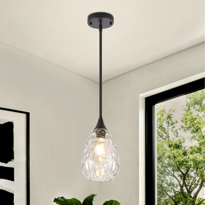 1 - Light Modern Hammered Glass Pendant Light, Adjustable Hanging Fixture For Kitchen Island, Dining Room & Living Room