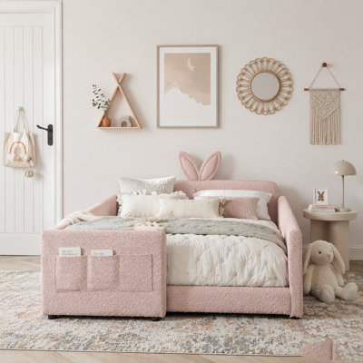 Lit plateforme double avec tête de lit pour oreilles de lapin et barrière de sécurité