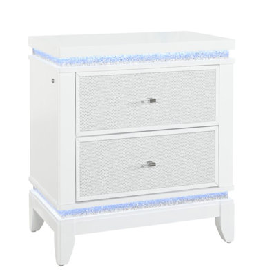 Modern Square Nightstand In White - 2 Roomy Drawers, Led , Wood Blend Construction Chic Expansive Lighting, Solid + Mix