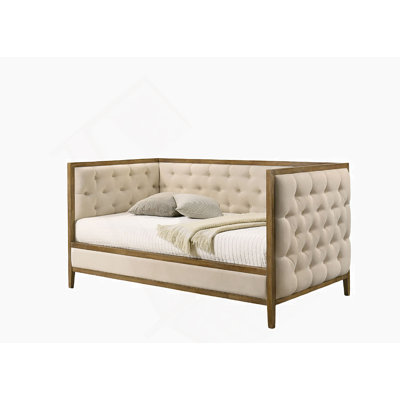 Transitional Style 1Pc Twin Size Daybed Diamond Tufting Wood Trim Mattress Ready Natural Oak Finish Primary Living Room