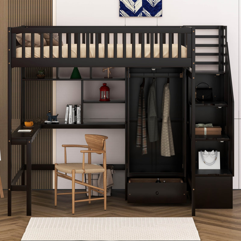 Lit mezzanine double avec tiroirs Jarlegav Kids, Espresso