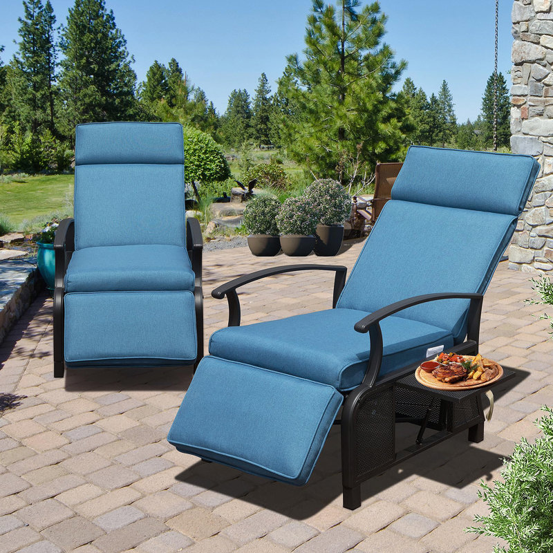 Adjustable Patio Recliner Chair Metal Outdoor Lounge Chair With Flip Table Push Back, Blue