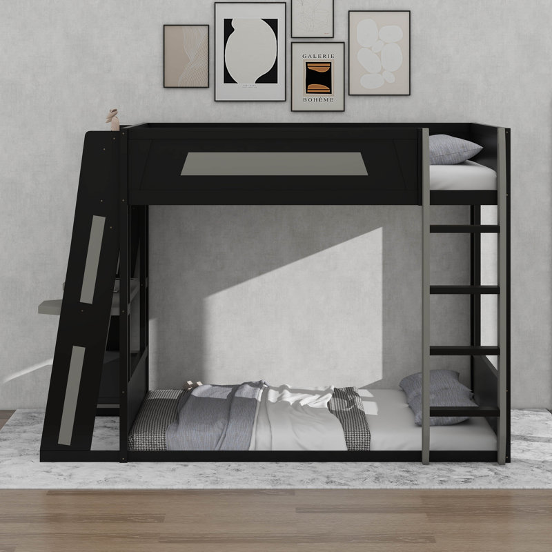 Wooden Gaming Bunk Bed With Built-In Desk, LED Lights, USB Port, And 2 Storage Shelves, Black+Gray, Queen