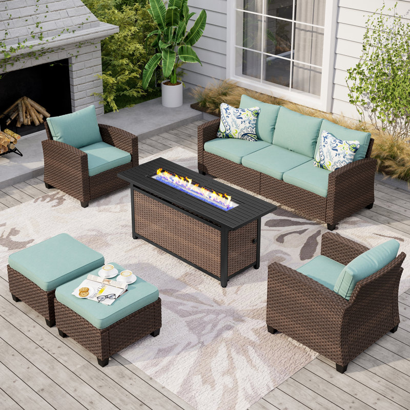 Argyri 7 - Person Outdoor Wicker Patio Conversation Furniture Set with Table, Blue, Yes