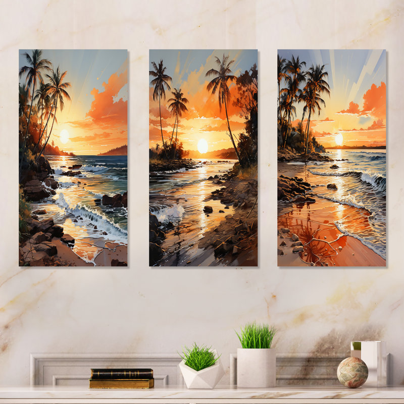 Beachside Sunset - ensemble de 3 palmiers et palmiers, H 28 po x l 36 po, Toile tendue