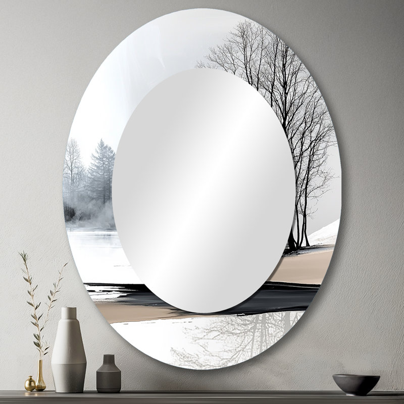 Paysage gris gris au bord du lac III - Miroir mural moderne ovale, 43 po x 33 po