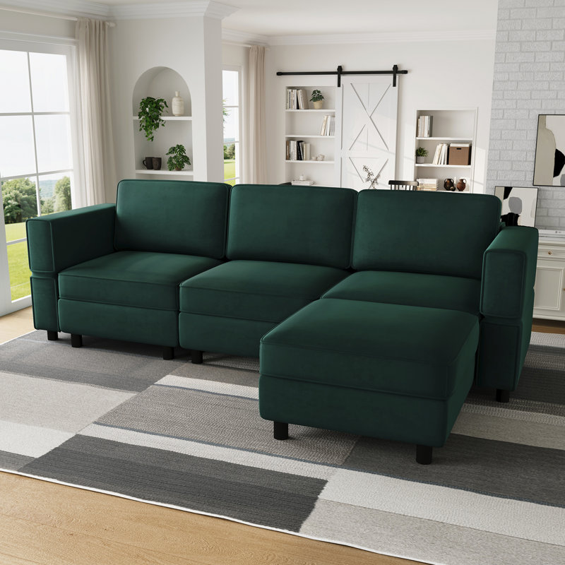Canapé modulaire en L avec repose-pieds mobile, Green Velvet, H 33,9 po x l 88,6 po x P 57,1 po 