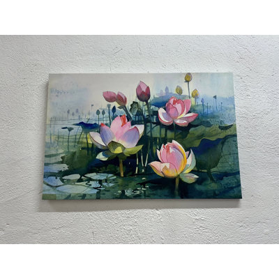Aquarelle sur toile de fleur de lotus, impression sur verre trempé, 1P or encadré