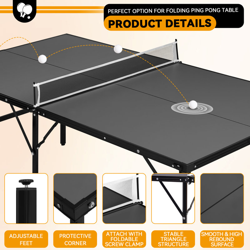 Raychee 72" Ping Pong Table Mid Size Foldable Table Tennis Table With 2 Paddles, Game Net And 2 Balls, Black