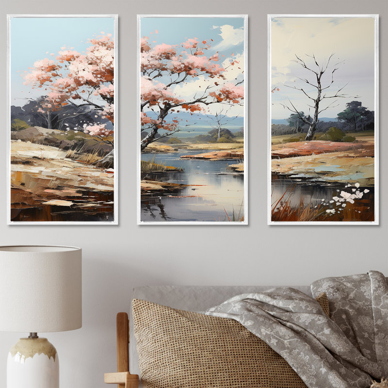 «Pink Trees Blooming In Country Charm» - ensemble d'art mural arbre, Cadre flottant blanc, H 32 po x l 48 po x P 1 po