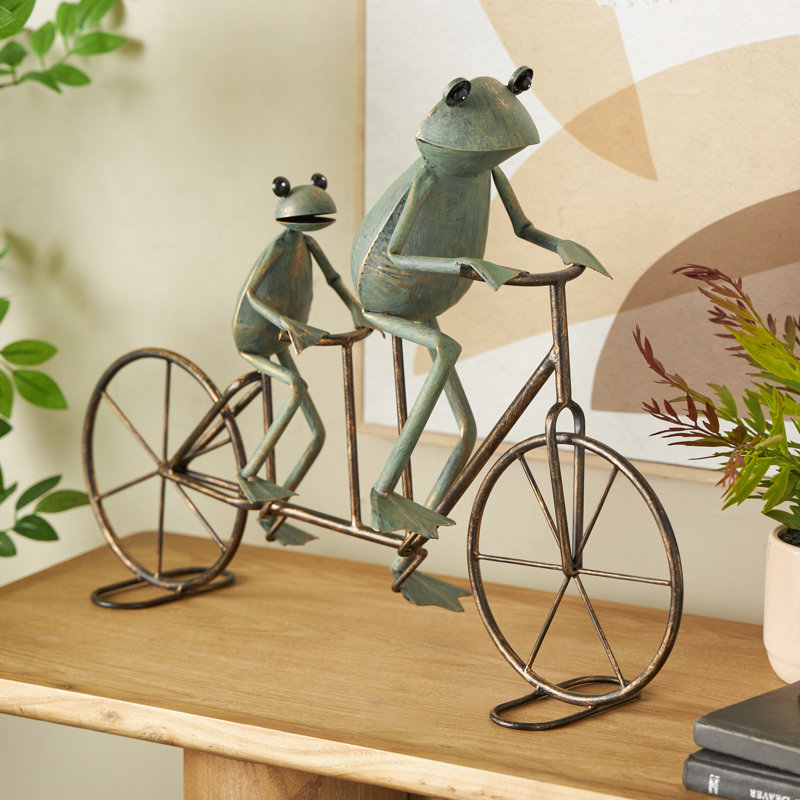 Cole And Metal On Bicycle Frog Decorative Garden Sculpture With Gold Accents, 17" H x 23.50" W x 6.50" D, Green