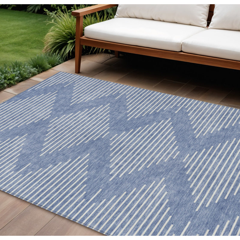 Tapis extérieur lavable à motif géométrique bleu et ivoire 10 pi x 14 pi