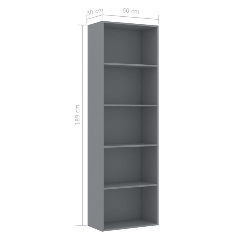 Rian Standard Bookcase, Grey, (5 Shelves) 189cm H x 80cm W x 30cm D
