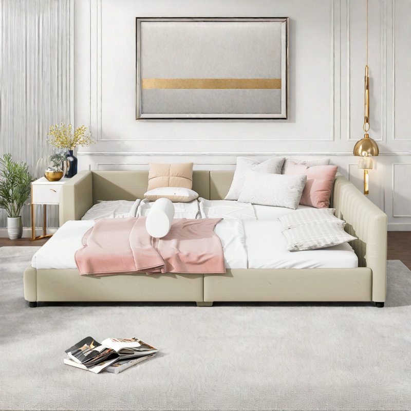 Élégant lit pour mère et enfant avec cadre rembourré profilé, Beige