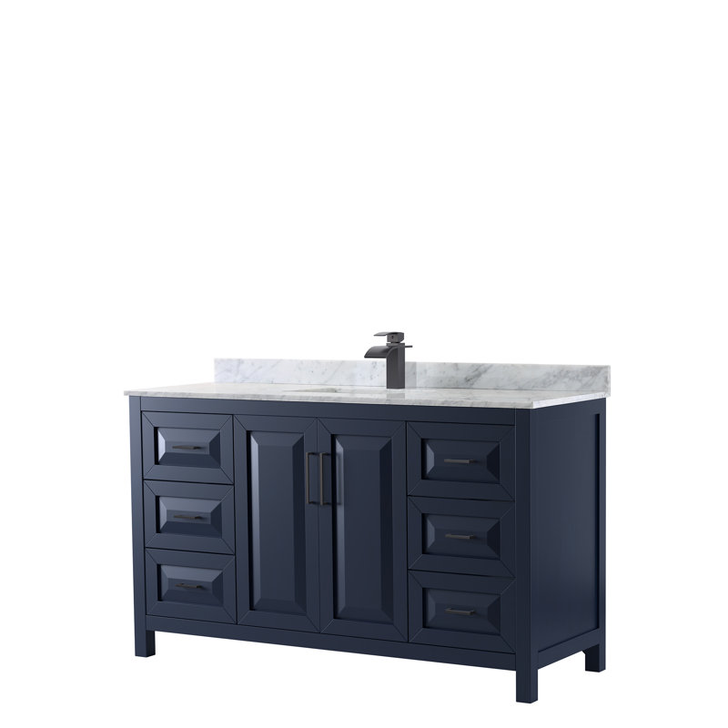 Daria 60'' Single Bathroom Vanity with Carrara Marble Top, Dark Blue, Carrara Cultured Marble, Matte Black
