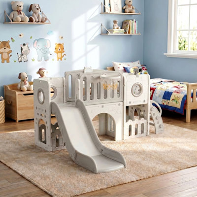 Grande glissade pour tout-petits 9 en 1, ensemble de jeu pour enfants avec longue pente, ensemble d'escalade pour bébé avec panier de basketball, télescope, tunnel, espace de rangement, marches fermées, aire de jeux intérieure et extérieure
