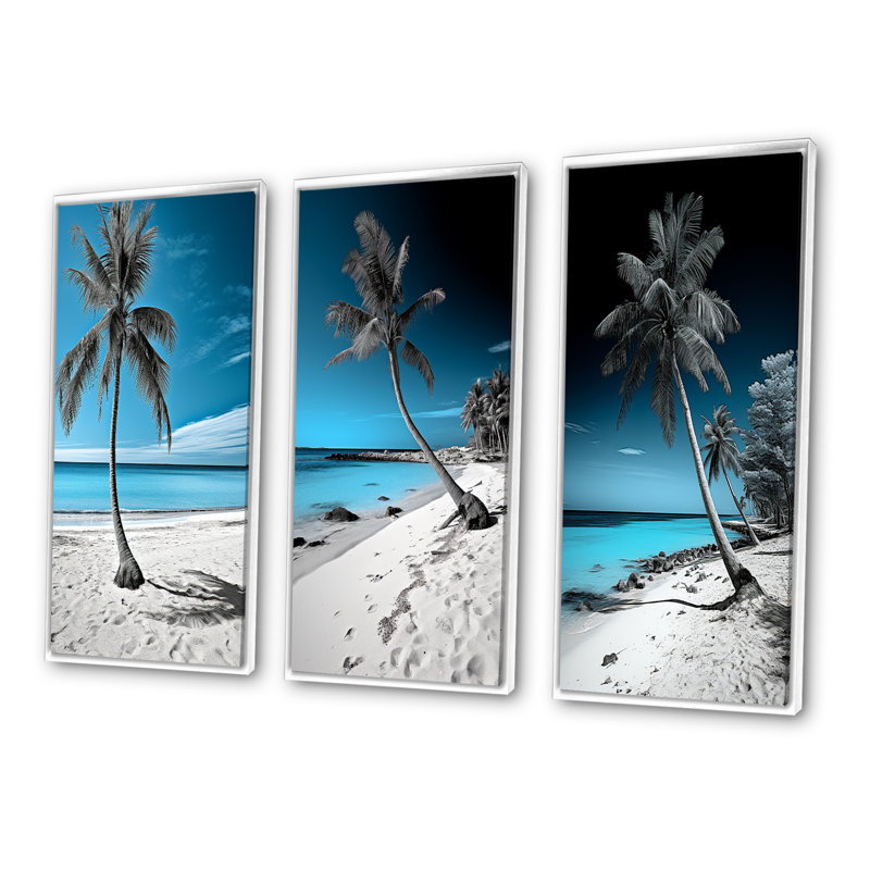 Turquoise et gris, photo de plage Monochome - ensemble d'art nautique et de plage de 3 pièces, Cadre blanc, H 40 po x l 60 po