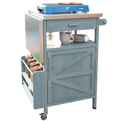 40.5" Outdoor Grill Cart With Stainless Steel Top, Solid Wood Storage, Drop Leaf, Drawer & Rolling Wheels, Blue Grey