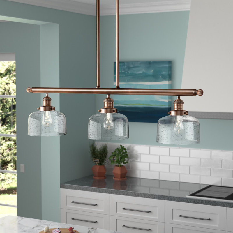 Bell - 3 Light 41" - Stem Hung Island Light, Matte White Cased, Antique Copper