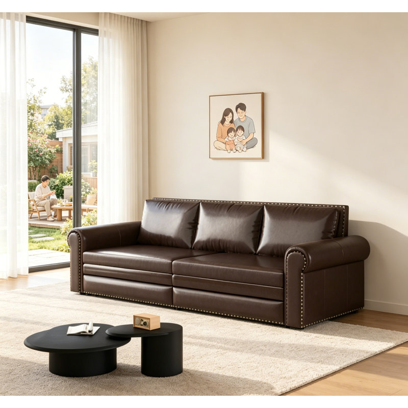 Chesterfield King Pull Out Sofa Bed, 3-In-1 Faux Leather Convertible Sleeper With Nailhead Trim & Rolled Arm, Multi-Functional And Stylish