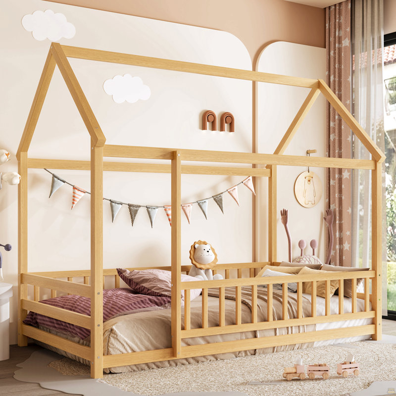 Twin Size Floor Wooden Bed With House Roof Frame, Fence Guardrails, Twin, Natural
