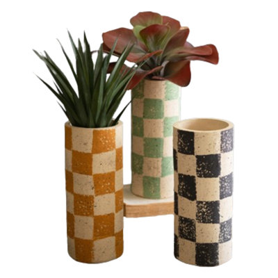  Ensemble de trois vases cylindriques à carreaux en argile de 12 po