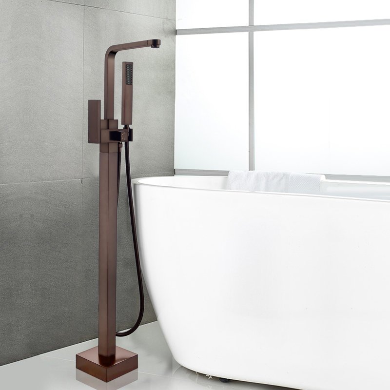 Robinet de baignoire à fixer au sol à poignée simple avec douche à main, Bronze brossé à l'huile