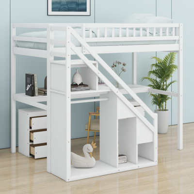 Lit mezzanine avec deux commodes, bureau et bande lumineuse