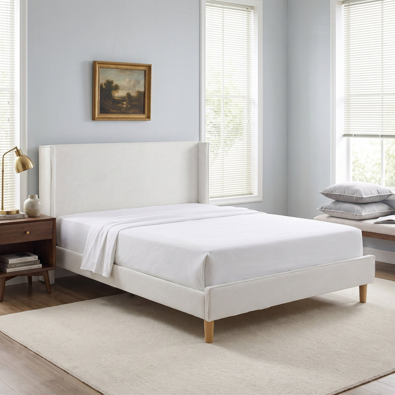 Janine Corduroy Upholstered Wingback Bed with Slat Kit and Solid and Manufactured Wood Frame, Cream, King